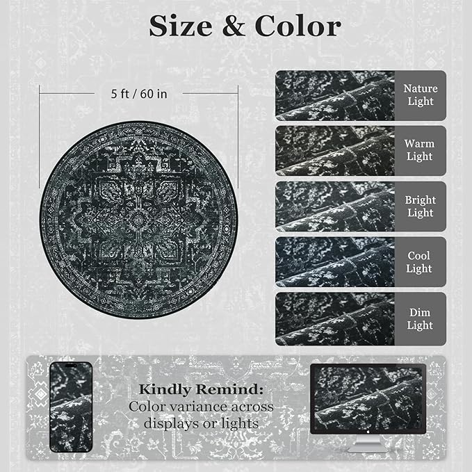 Black White Round Rugs 5ft, Non Slip Washable Thin Circle Rugs for Bedroom Living Room, Traditional Medallion Printed Circle Carpet 5 feet for Kitchen Dining Room