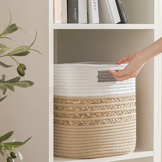 UBBCARE Set of 4 Storage Cubes 11 X 10.5 X 10.5 in, Water Hyacinth Storage Bins for Shelves, Toys, Book, Storage Baskets with Handles, Cotton Rope Woven Baskets for Organizing, Brown