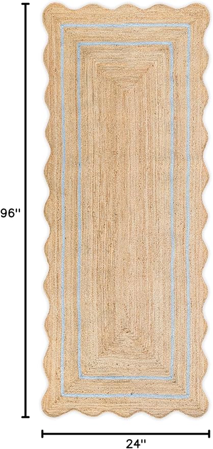 Wave Scalloped Natural Jute Runner, Gray (2'x8'): Boho Farmhouse Entryway Scallop Rug