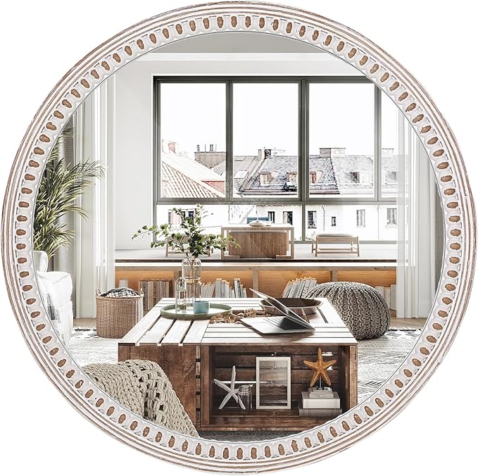 24 Inch Farmhouse Round Wood Mirror for Wall Decor, Rustic Decorative Circle Mirrors for Bathroom Over Sink, Living Room, Entryway, Bedroom
