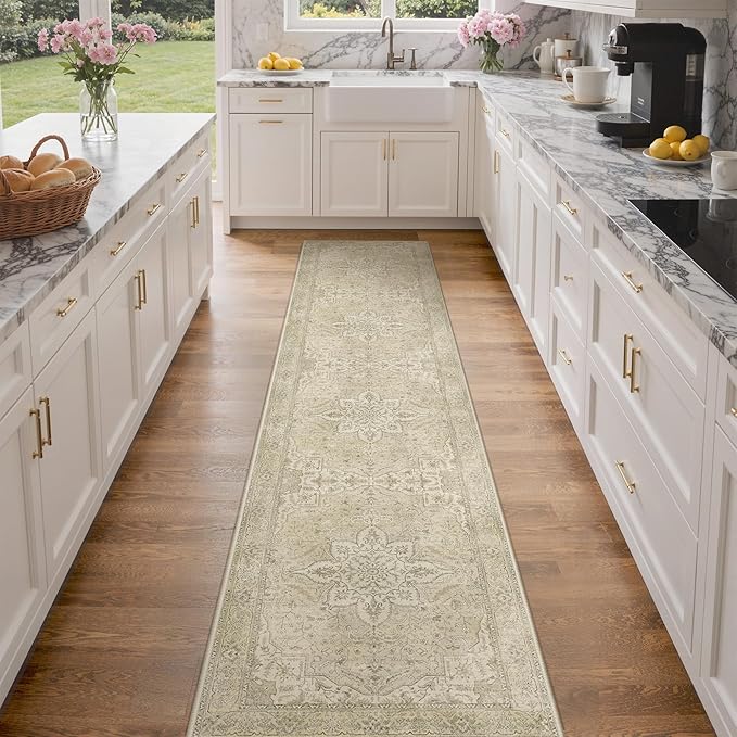 GENIMO 2X10 Washable Vintage Runner Rug for Hallway, Non-Slip Low Pile Chenille Print Rug, Soft Rugs for Indoor Entryway Kitchen Corridor, Linen & Taupe