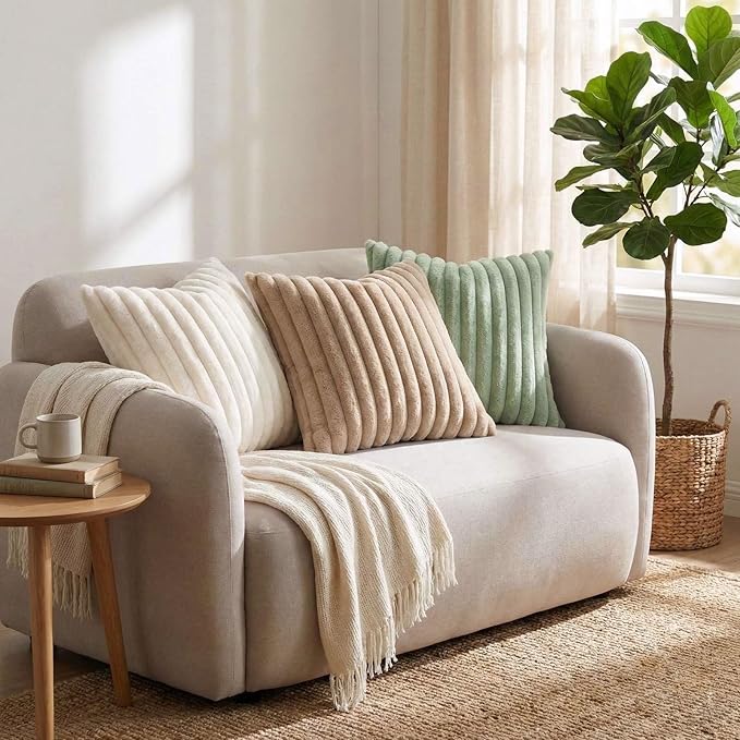 Pallene Faux Fur Plush Spring Throw Pillow Covers 20x20 Set of 2, Luxury Soft Fluffy Striped Decorative Pillow Covers for Sofa, Couch, Living Room, Sage Green