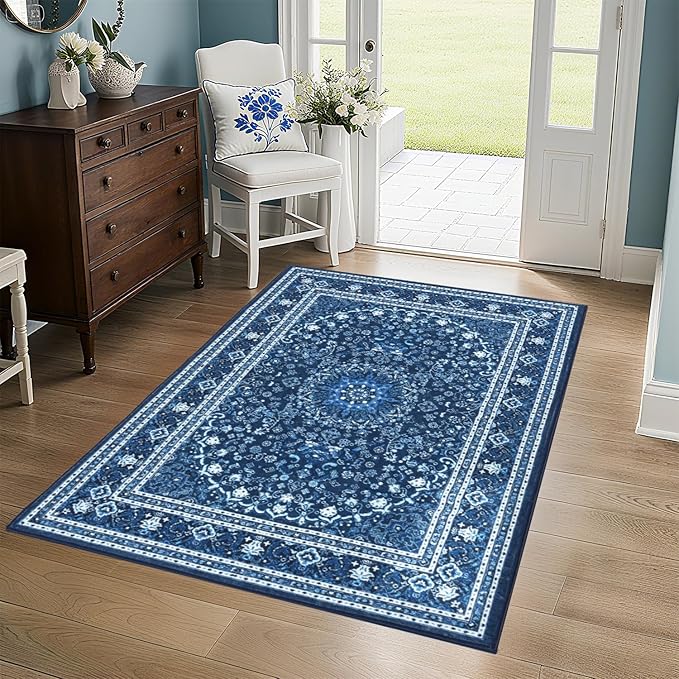 Lessymo 3 x 5 Area Rugs for Living Room- Machine Washable Area Rugs Boho Faux Wool Low Pile Area Rug for Bedroom Floral Medallion Vintage Rugs with Non-Slip Rubber, Kid & Pet Friendly,Blue White