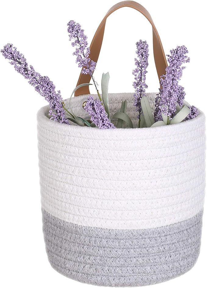 2pack Small Hanging Basket-Cotton Rope Wall Basket with Handle, Hanging Storage Baskets, Shelf Baskets Storage Bin Closet Organizer 6"×6.3", Woven Plant Basket - (White & Grey)