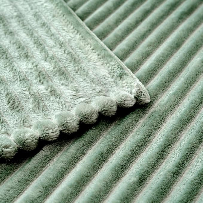 MIULEE Fleece Bed Blanket Queen Size 90"x90" 300GSM Super Soft Lightweight Plush Striped, Sage Green Warm Cozy Breathable Ribbed Blanket Full Size Throw for Sofa Couch