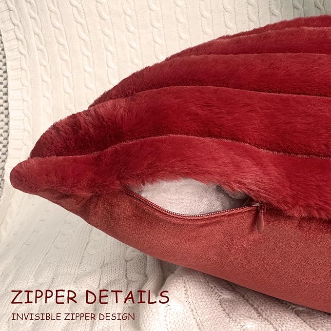 2 Pack 24x24 Pillow Cover Velvet Pillow Covers, Faux Fur Square Throw Pillow Covers for Living Room Decorations Throw Pillow Case, Throw Pillow Cover Cushion Cover for Sofa Bedroom Car, Burgundy Red