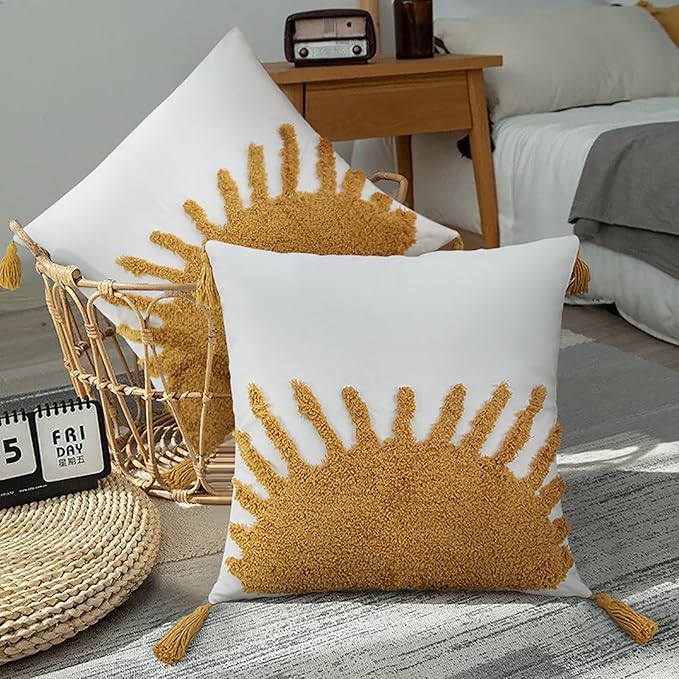 Adabana Boho Throw Pillow Covers 16x16, Decorative Tufted Pillows Cover for Couch Bed, Sun Sunshine Pillow Cover for Kids
