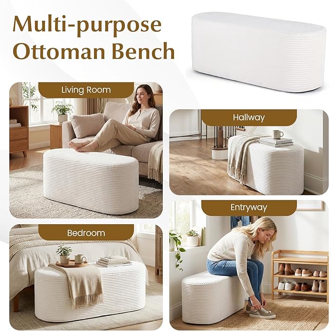 Giantex Stuffed Pouf Ottoman Bench, 47" Plush Corduroy End of Bed Bench with High-Density Sponge, Oval Ottoman Foot Rest for Living Room, Entryway, Hallway, Beige