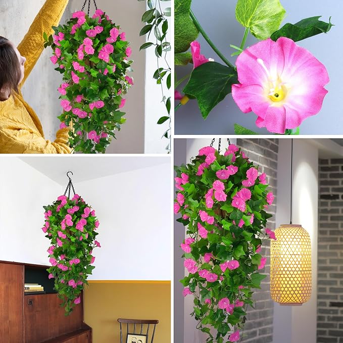 Artificial Fake Hanging Flowers Plants Basket for Spring Outdoor Outside Decoration, UV Resistant Faux Plastic Fabric Flower Morning Glory Wisteria Petunia for Garden Porch Patio Balcony Yard Decor
