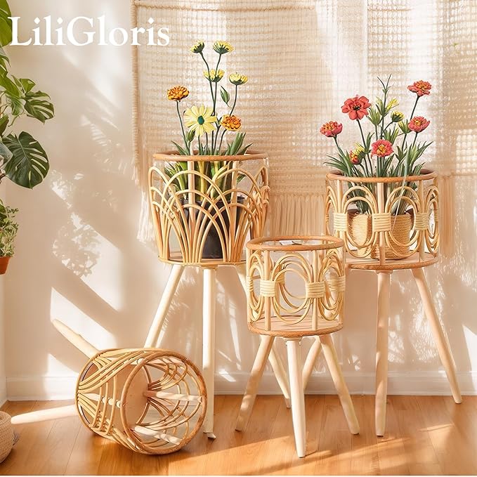 Boho Rattan Plant Stand Indoor Outdoor - 2 Rattan Wicker Planter Shelf for Multiple Plants, Mid Century Modern Wooden Flower Pot Holder with Stand, Farmhouse Home Decor for Living Room
