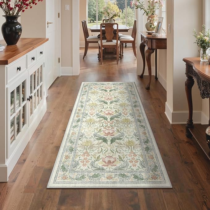 Bavni 2'6''x6 Runner Rug,Microfiber Washable Non-Slip Vintage Floral Rugs,Low Pile Lightweight Carpet for Bedroom,Hallway,Entryway,Kitchen,Bathroom, Beige&Green