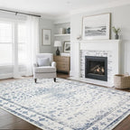 Washable Rugs 8x10 Area Rugs for Living Room,Rugs for Bedroom,Large Carpets,Ultra Soft Faux Wool Retro Dining Room Rug,Non Slip&Non-Shedding Low Pile Vintage Print Rug for Home Office-Blue