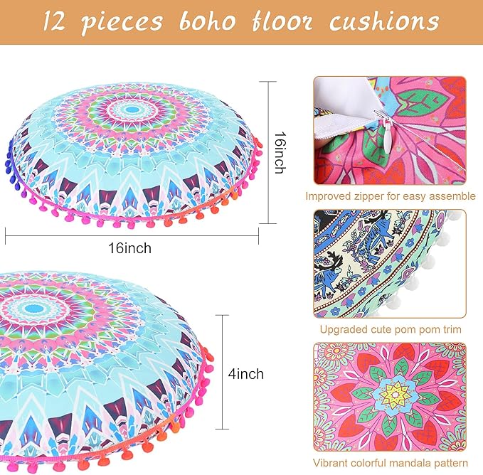 Ganeen 12 Pcs Floor Cushions for Classroom 16'' Boho Kids Seating Pillow Flexible Floor Cushions Meditation Pillows for Toddler Sitting Home School Classroom Kindergarten Daycare Nursery(Round)