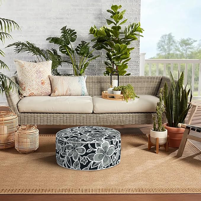 Indoor/Outdoor Inflatable Ottoman D21 x H9 inch, Round Footstool Inflatable Foot Rest Ottomans with Handle, Portable Ottoman Pouf for Patio, Garden, Camping, Home,Flower Black