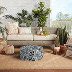 Indoor/Outdoor Inflatable Ottoman D21 x H9 inch, Round Footstool Inflatable Foot Rest Ottomans with Handle, Portable Ottoman Pouf for Patio, Garden, Camping, Home,Flower Black