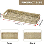 Bathroom Vanity Tray, Seagrass Long Narrow Counter Tray with Handles, Decorative Woven Organizer Trays for Toilet Tank, Shelves, Farmhouse Hand Towel Basket Holder for Storage, Natural (Large)
