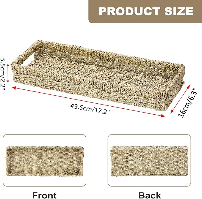 Bathroom Vanity Tray, Seagrass Long Narrow Counter Tray with Handles, Decorative Woven Organizer Trays for Toilet Tank, Shelves, Farmhouse Hand Towel Basket Holder for Storage, Natural (Large)