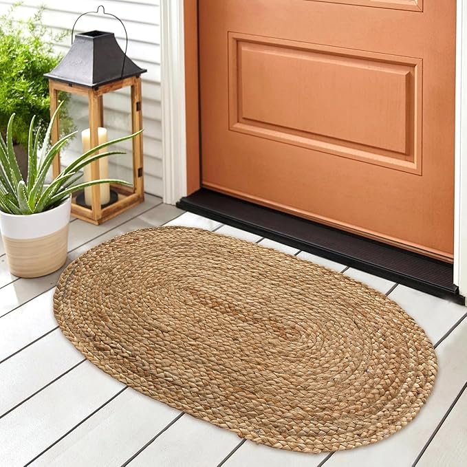 Chardin home Hand Woven Natural Jute Braided Rug -18x30 Inch Oval | Vintage Boho Reversible Doormat for Entryway, Front Door | Farmhouse Natural Fiber Rugs for Bedroom, Kitchen, Living Room