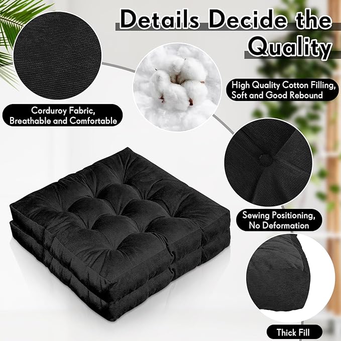 Jerify Floor Pillow Cushions Large Round Square Large Meditation Floor Pillow for Classroom Adult Meditation Picnic Party Seating Learning Daycare School(Square,Black,4 Pcs)
