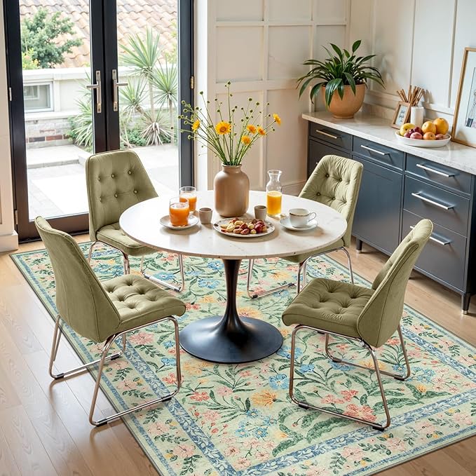 Lahome Sylvie Washable 5x7 Area Rugs, Boho Pink and Green Floral Living Room Rug Non Slip, Vintage Girls Bedroom Indoor Carpet for Nursery Playroom Kitchen, Green/Multi