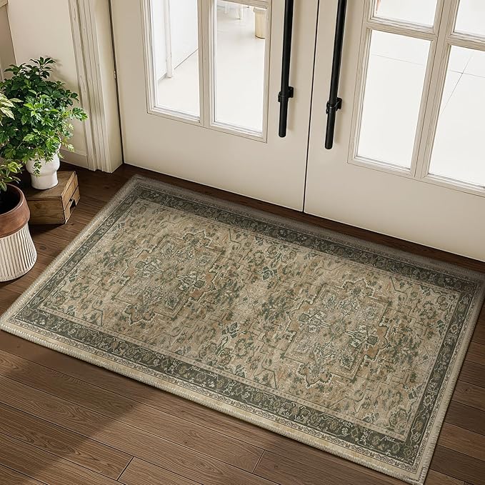2x4 Entryway Small Rug, Retro Distressed Medallion Door Mat Indoor Entrance Entry Way, Washable Non Slip Low Pile Thin Runner Rug for Kitchen Floor Sink Area Bathroom, Multi Brown/Olive