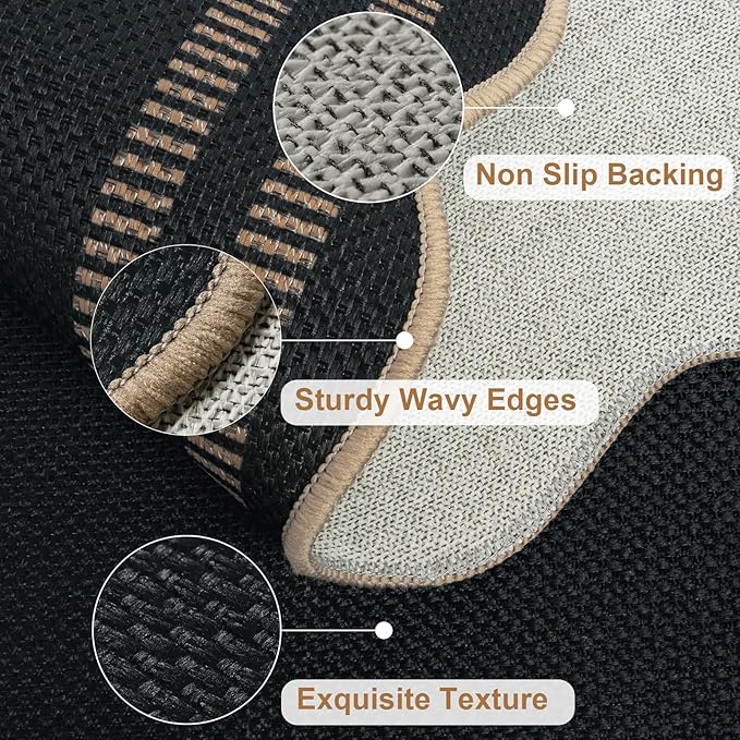 Scalloped Easy Jute Black Rug, 2.6x4 Front Door Washable Door Mat Non Slip Small Kitchen Area Rug, Farmhouse Low Pile Floor Rugs for Entryway Porch Doorway