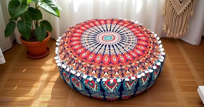 INDIAN CRAFT CASTLE ICC Mandala Barmeri Large Floor Pillow Cover Cushion Meditation Seating Ottoman Throw Cover Hippie Decorative Zipped Bohemian Pouf Ottoman Cases Multi Orange 16" Round