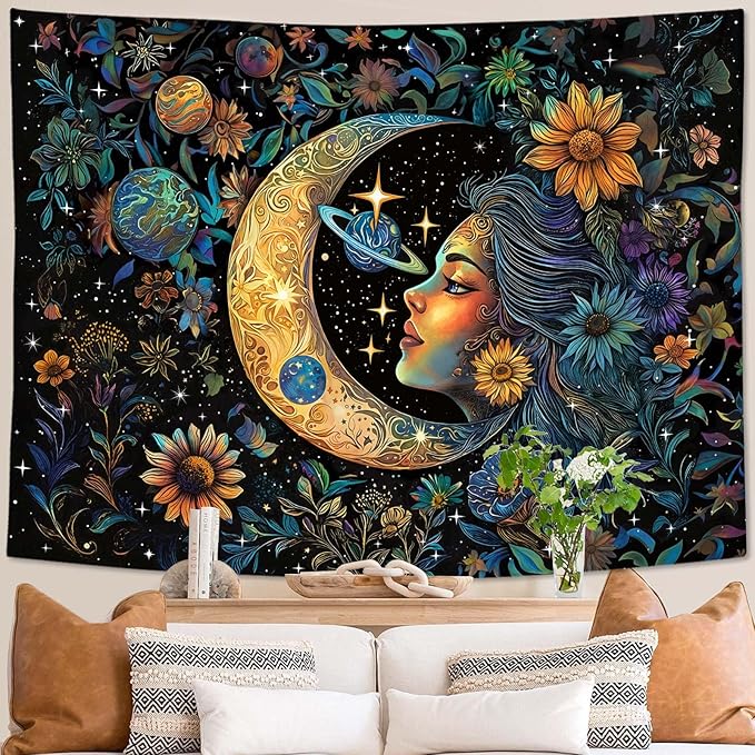 Accnicc Sun and Moon Tapestry for Bedroom Hippie Boho Floral Flower Plant Wall Tapestry Aesthetic Vintage Galaxy Celestial Star Spiritual Large Tapestries Wall Hanging for Living Room Dorm 60 x 44 Inch