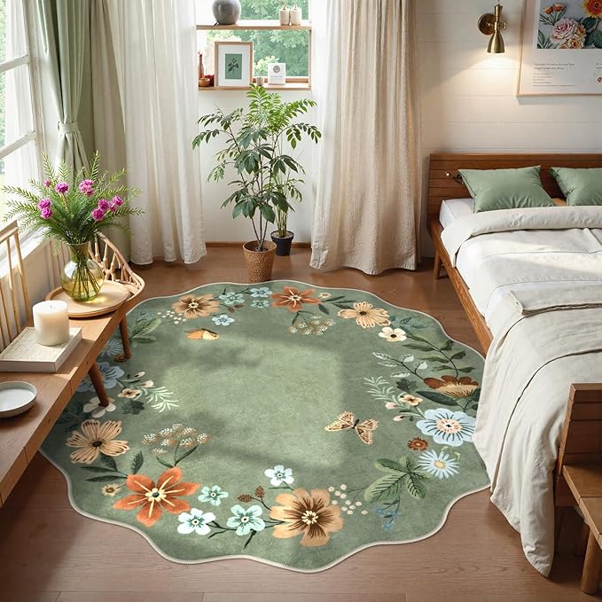Lahome Floral Washable Round Rugs, Non-Slip Soft Round Rug 4ft Ultra-Thin, Small Boho Circle Carpet for Entryway Kitchen Bedroom Nursery Bathroom, Green