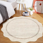 GarveeHome Scalloped Round Washable Rug, Soft Modern Round Rugs 5 ft Circle Carpets for Bedroom Ultra-Thin, Boho Beige Print Distressed Circular Carpet for Living Room Dorm Bedside, Beige