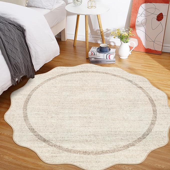 GarveeHome Scalloped Round Area Rugs, Washable Small Round Rug 3 ft Non-Slip Nursery Rug, Christmas Soft Solid Beige Circle Low Pile Stain Resistant Carpet for Bedroom Entryway Kitchen Bathroom