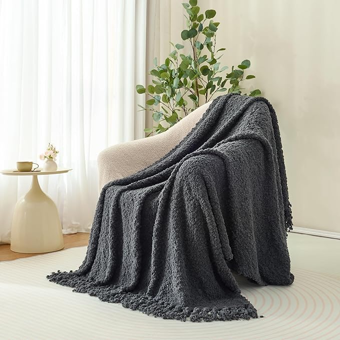 Throw Blanket for Couch, Dark Grey Luxury Knitted Throws 50"x60", Textured Blankets with Handmade Fringe Tassels for Bed Sofa Decorative, Chunky Soft Farmhouse Boho Home Decor