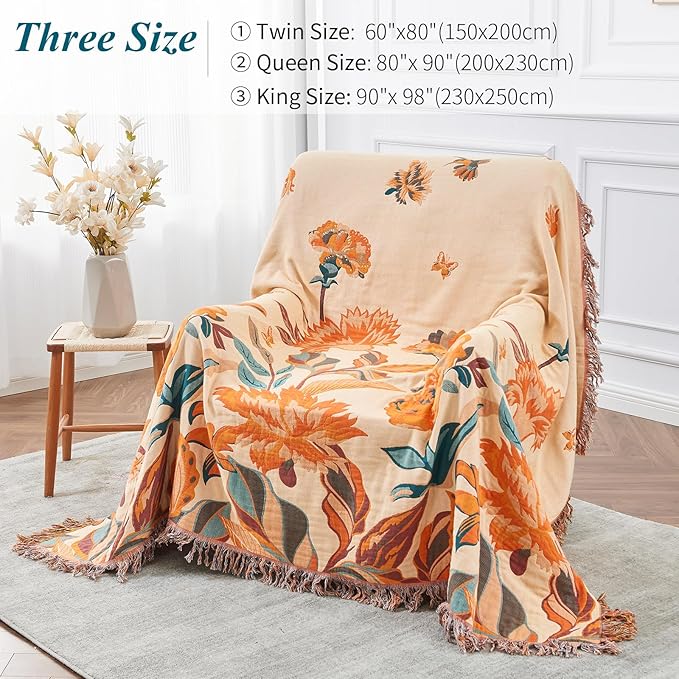 Boho Throw Blanket for Bed-100% Cotton Soft Breathable Farmhouse Decor Boho Quilt for Sofa (Flowers Tulips, 90"x98")