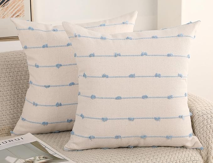 Set of 2 Boho Throw Pillow Covers 16x16,Light Blue and White Neutral Couch Pillow Case with Tassel Fringe Decorative,Modern Accent Farmhouse Cushion Covers for Sofa Couch Bed Living Room