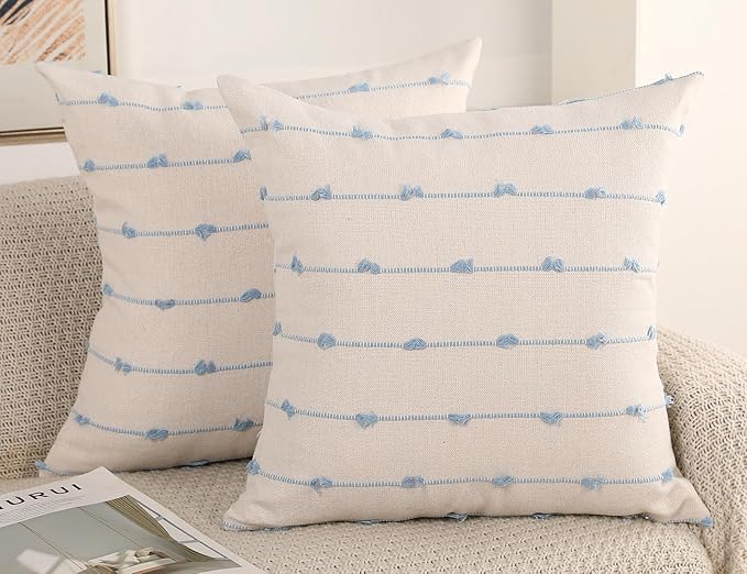 Set of 2 Boho Throw Pillow Covers 28x28,Light Blue and White Neutral Couch Pillow Case with Tassel Fringe Decorative,Modern Accent Farmhouse Cushion Covers for Sofa Couch Bed Living Room