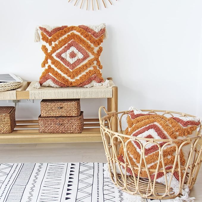 JOJUSIS Boho Throw Pillow Covers with Handmade Tassels Decorative Woven Tufted Orange Pillowcase for Couch Bedroom 20 x 20 Inch