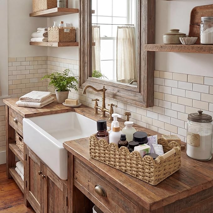 StorageWorks Toilet Paper Storage Basket, Living Room Organizers and Storage, Toilet Paper Basket with Wooden Handles, Small Paper Rope Scalloped Basket, Brown