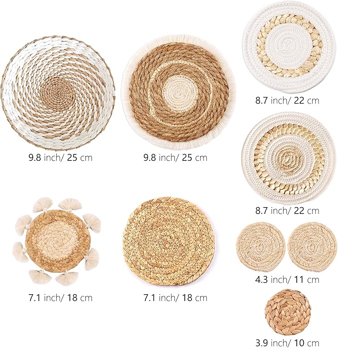 9 Pack Boho Wall Basket Set, hanging Woven Wall Basket Decor, Seagrass Rattan Wicker Boho Wall Decor, Eco-Friendly Round Art for Farmhouse Bedroom Living Room Display Table Settings Kitchen Home