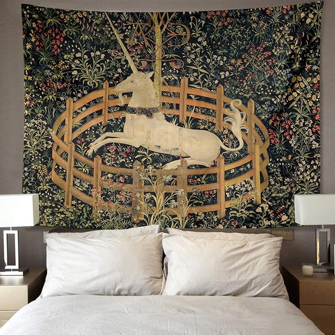 Semtomn Tapestry Artwork Wall Hanging Medieval Vintage Hunting Unicorn Captivity 70x90 Inches Home Decor Tapestries Mattress Tablecloth Curtain Print