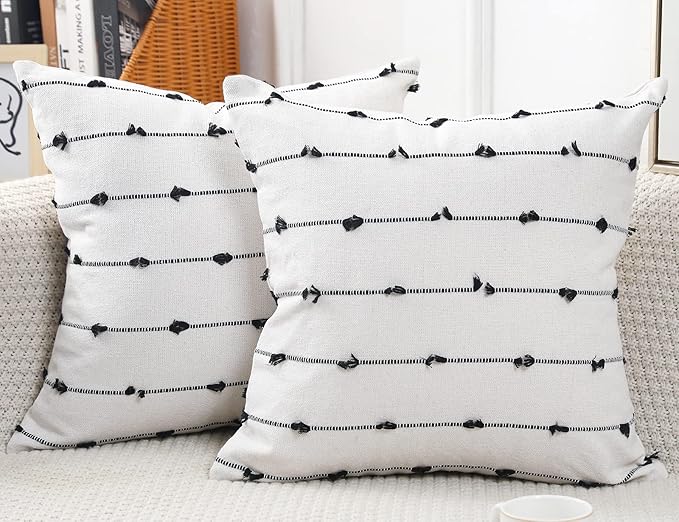 Set of 2 Boho Throw Pillow Covers 18x18,Black Off White Neutral Couch Pillow Case with Tassel Fringe Decorative，Modern Accent Farmhouse Cushion Covers for Sofa Couch Bed Living Room