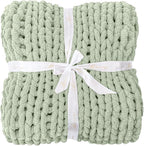 Bigacogo Chunky Knit Throw Blanket for Couch, 40x40 inches, 100% Hand Knitted with Thick Jumbo Chenille Yarn, Cozy Soft Large Rope Knot Cable Crochet Blankets for Sofa Bed Living Room, Sage Green