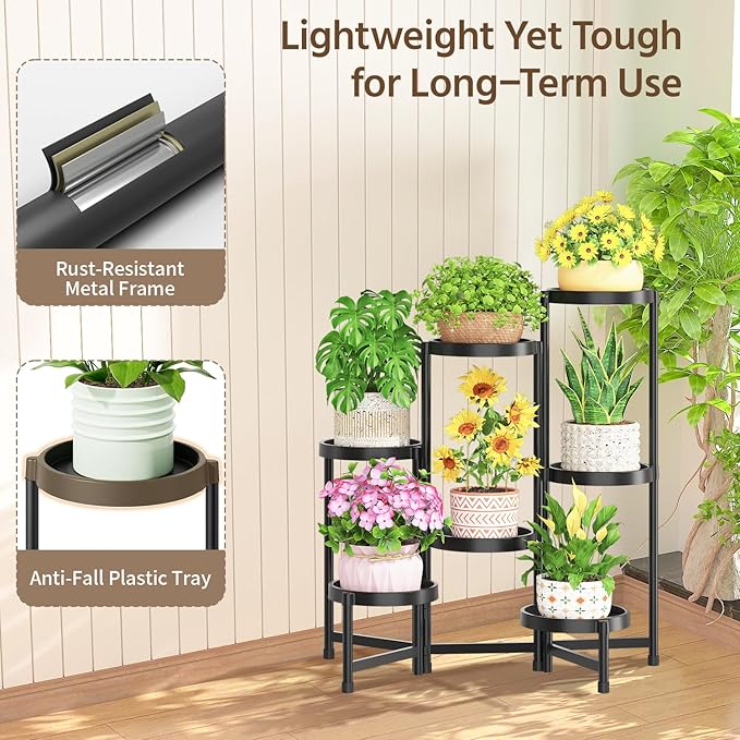 LASZOLA 7 Tiered Plant Stand Indoor Outdoor with Plastic Tray, Corner Folding Tall Flower Display Rack, Modern Plant Holder Shelf for Outdoor Patio Porch Garden Office Living Room, Black