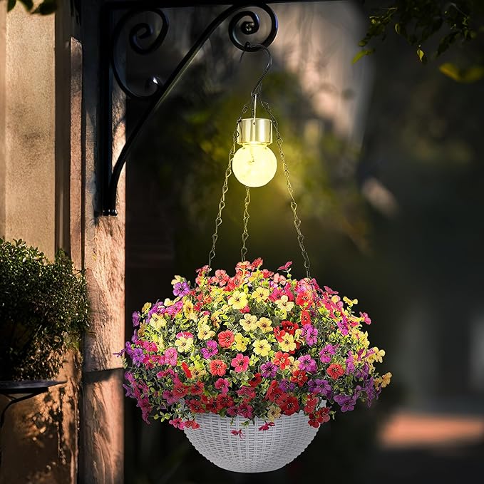 Artificial Faux Hanging Plants Flowers Basket for Spring Outdoor Outside Decorations, Fake Silk Daisy Look Real,Ferns in Planter UV Resistant Realistic for Front Door Yard Farmhouse Wedding Decor
