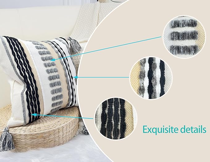 Boho Throw Pillow Covers 18x18 Aesthetic Neutral Boucle Couch Pillow Cover Rainbow Striped Decorative Accent Pillow Case for Couch Bed Sofa Farmhouse Bedroom,Modern Funky,Set of 2 Grey