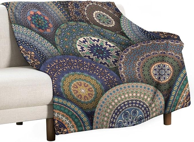 Indian Bohemian Throw Blanket Mandala Design Colorful Boho Floral Pattern Paisley Blanket for Sofa Bed Couch Chair Or Dorm 70"x80"