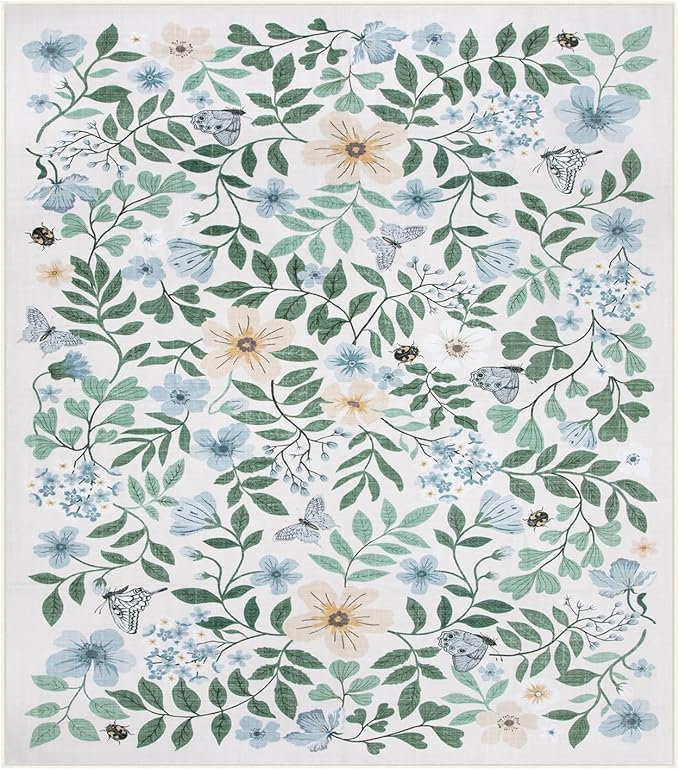 Lahome Reverie 8x10 Blue Boho Dining Room Rug Decor, Washable Area Rug for Living Room, Shabby Chic Floral Floor Carpets for Bedroom, Girls Apartment, Nursery Home Decor