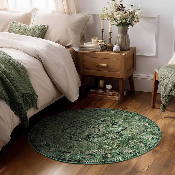 Dark Green Round Rugs 5ft, Low Pile Thin Circle Rugs Non Slip Washable, Traditional Medallion Printed Circle Carpet 5 feet for Bedroom Living Room Kitchen Dining Room