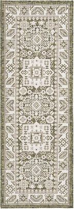 Rugs.com Outdoor Aztec Collection Rug – 6 Ft Runner Green Flatweave Rug Perfect for Hallways, Entryways