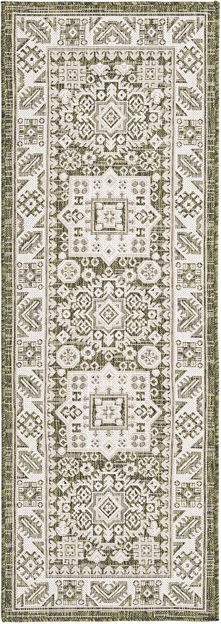 Rugs.com Outdoor Aztec Collection Rug – 6 Ft Runner Green Flatweave Rug Perfect for Hallways, Entryways