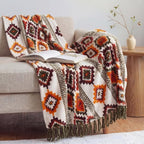 CASAAGUSTO Boho Throw Blanket - Orange and Green Decorative Blankets with Tassel, Printed Flannel Bohemian Blanket for Chair, Bed, Sofa, Couch(60 * 80, Orange and Green)
